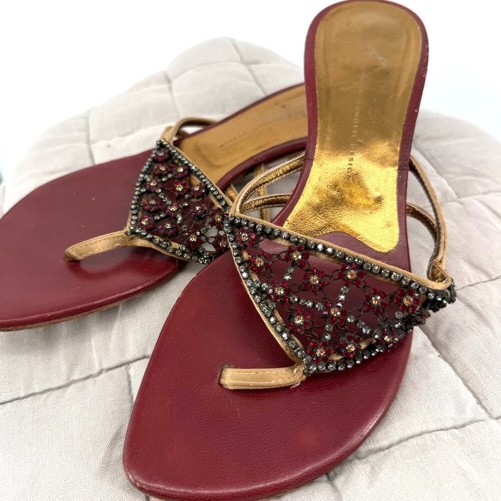 Giuseppe Zanotti Kitten Heel Thong Sandals Rhinestone Mesh Straps Gold Red 38